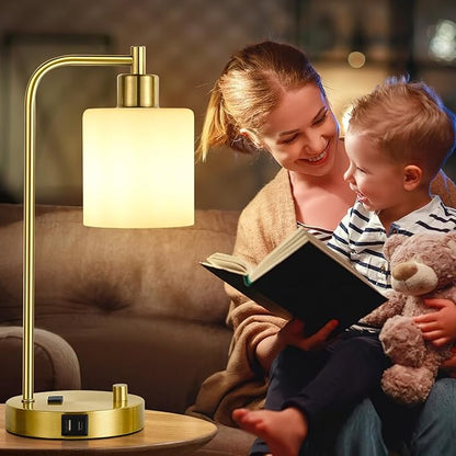Lynnoland Set of 2 Industrial Table Lamps with USB C+A Ports and Outlet, Gold Fully Stepless Dimmable Bedside Lamps, Nightstand Lamp with Opal Glass Shade for Reading Office (2 LED Bulb)