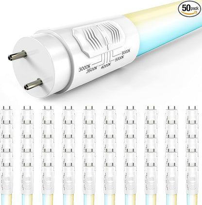 Sunco 50 Pack T8 LED Bulbs 4 Foot, LED Fluorescent Tube Replacement, 4ft LED Tube Light, Ballast Bypass, 18W, 2200 LM, Selectable CCT 3000K/3500K/4000K/5000K/6000K, Single Ended Power, Frosted Lens UL