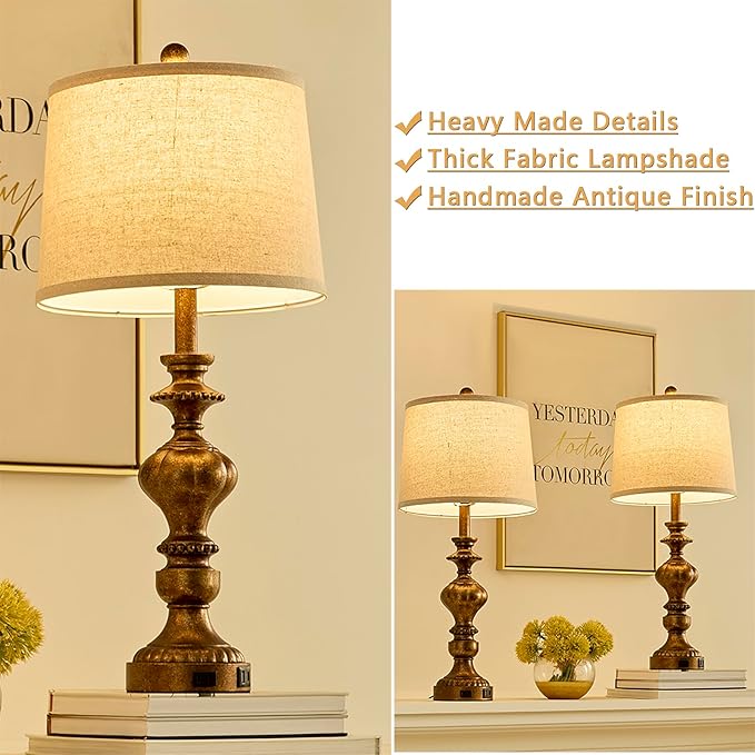 27.5" Farmhouse Table Lamps Set of 2 Bedside Nightstand Lamp with USB C+A Ports & AC Outlet, 3 Way Dimmable Lamps for Bedroom Living Room Office Rustic Lamp (Rotary Switch-Copper)