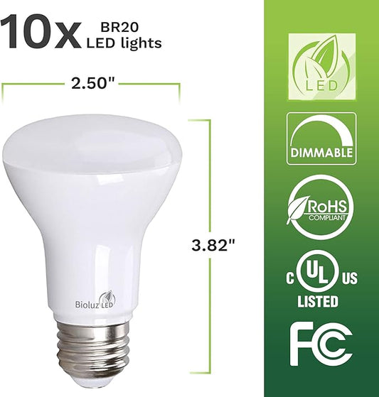 Bioluz LED Light Bulb BR20 Light Bulbs 3000K Bright Soft White LED Bulbs 6W=50W Replacement 90 CRI 540 Lumen Indoor/Outdoor UL Listed CEC Title 20 Compliant Home Decor LED Lights for Bedroom - 10 Pack