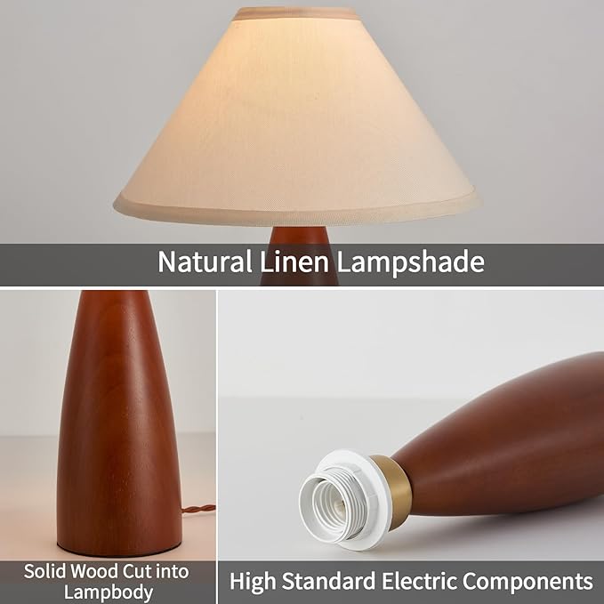 Bedside Table Lamp for Bedroom, Mid-Century Modern Plug in Fabric Shade & Solid Wood Base Desk Lamp, Plug & Play Red Wood Nightstand Lamp for Living Room, Office 【Bulb Included】