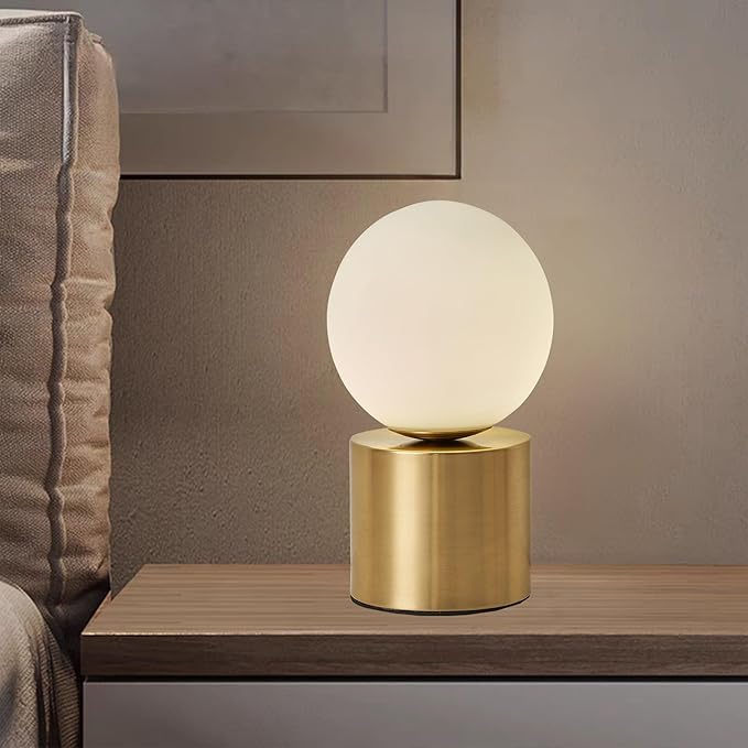 Mid Century Modern Table Lamp with Gold for Bedroom Bedside Night Light White Glass Globe Table Lamp for Bedroom Living Room and Office