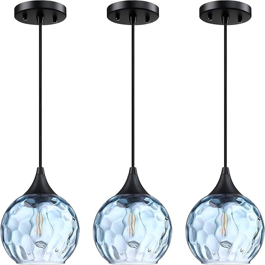 6.3" Texture Blue Glass Pendant Light 3 Pack Pendant Ceiling Light Fixture Black Finish Modern Farmhouse Dinning Over Sink Adjustable Height Cord