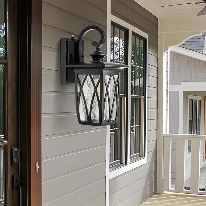 JYZ Outdoor Porch Light Wall Mount,14'' Exterior Waterproof Wall Lighting Fixtures,Wall Sconce Light with E26 Socket & Water Ripple Glass Shades, Matte Black Outside Wall Lantern for Patio Front Door