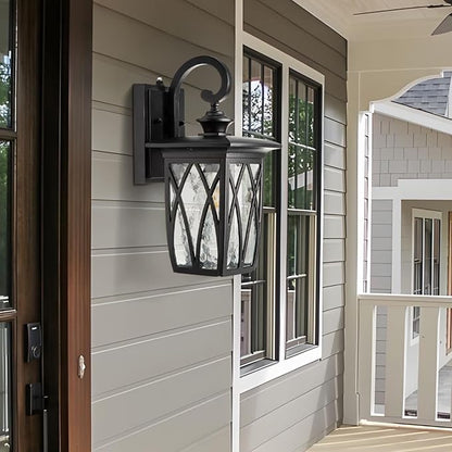 JYZ Outdoor Porch Light Wall Mount,14'' Exterior Waterproof Wall Lighting Fixtures,Wall Sconce Light with E26 Socket & Water Ripple Glass Shades, Matte Black Outside Wall Lantern for Patio Front Door