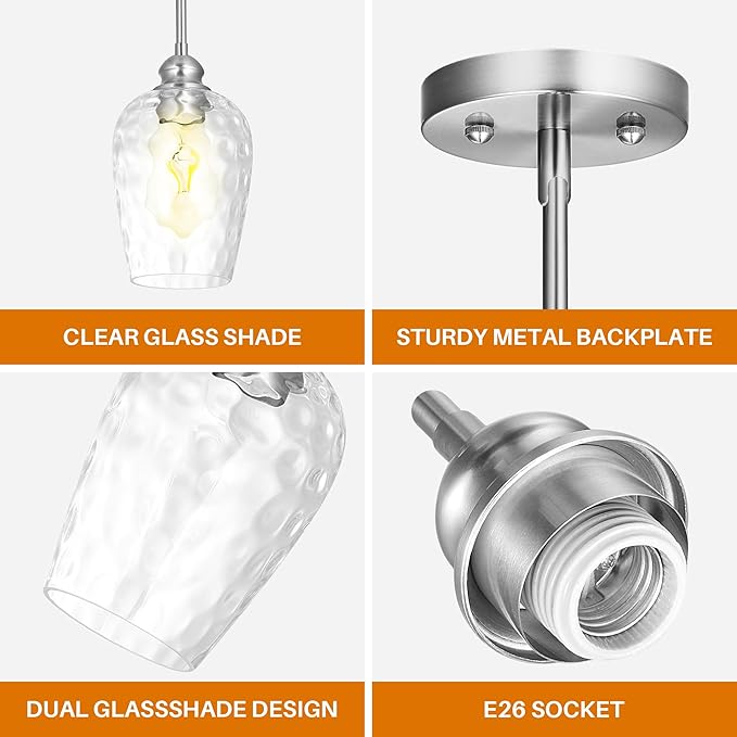 Glass Pendant Lights Kitchen Island, Brushed Nickel Pendant Light Fixtures with Hand-Blown Clear Glass, Modern Hanging Light for Kitchen Sink Dining Room Bedroom, E26 (Clear, 2pack)