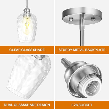 Glass Pendant Lights Kitchen Island, Brushed Nickel Pendant Light Fixtures with Hand-Blown Clear Glass, Modern Hanging Light for Kitchen Sink Dining Room Bedroom, E26 (Clear, 2pack)