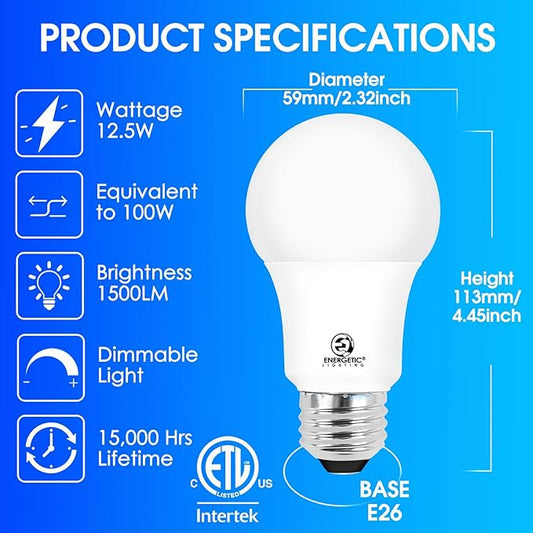 Energetic 6-Pack 100 Watt LED Bulb Daylight 5000K, Dimmable, 1500 Lumens 12.5W, E26 Medium Base, 15000 Hrs, ETL Listed