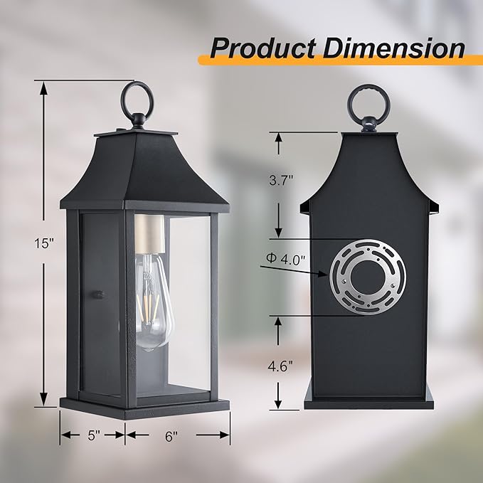 Dusk to Dawn Outdoor Wall Lantern, Modern 15" Outside Wall Sconce, Black Outdoor Light Fixture with Glass, Waterproof Exterior Lamp for House Porch Patio