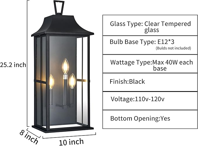 Patio Wall Light Fixture Outdoor Wall Lighting, 25" Large Outside Modern Wall Sconce Lantern, Industrial Porch Light Wall Mount, Waterproof Farmhouse Exterior Lamp 3-Light,Bulbs Not Included