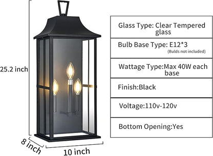 Patio Wall Light Fixture Outdoor Wall Lighting, 25" Large Outside Modern Wall Sconce Lantern, Industrial Porch Light Wall Mount, Waterproof Farmhouse Exterior Lamp 3-Light,Bulbs Not Included