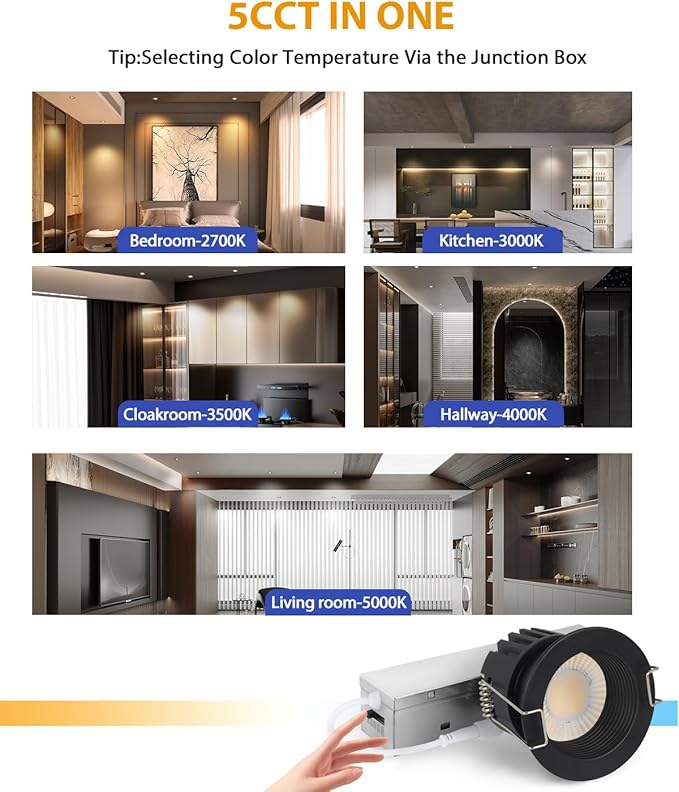 Adetu 2 Inch 5CCT Black Anti-Glare LED Downlight with Junction Box, 2700K/3000K/4000K/5000K Selectable, CRI90+, 8W COB, 840LM, IP65 Waterproof, Dimmable-ETL and Energy Star Certified (Black,12 Pack)