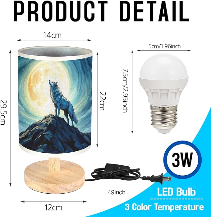 Wolf Table Lamp LED 3-Color Pressed Bedside, Wolf Shade Lamp with Wood Base for Bedroom Living Room Desk Office TL01