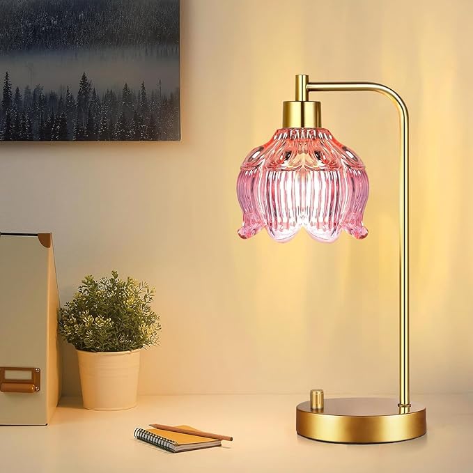 Pink Table Lamp Set of 2,Small Gold Bedside Lamps Dimmable Boho Bedroom Lamp with Flower Glass Lamp Shade,Vintage Mid Century Modern Mini Nightstand Lamp for Girls Kids Bedroom Living Room
