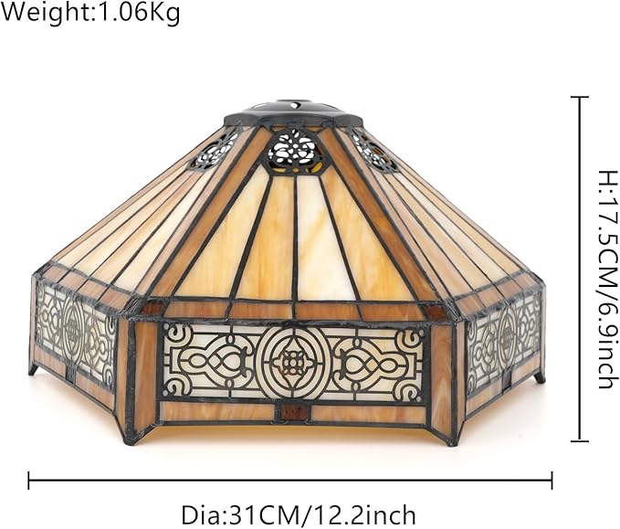 Tiffany Lamp Shade Replacement, 12 Inch Openwork Hexagon Stained Glass Vintage Handmade Cute Decor Ceiling Light Shade for Table Lamp Pendant Light