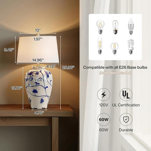 Tribesigns 27-Inch Table Lamp with Blue and White Porcelain Ginger Jar, Embossed Floral Ceramic Base with Fabric Shade for Living Room, Entryway, Nightstand for Bedroom