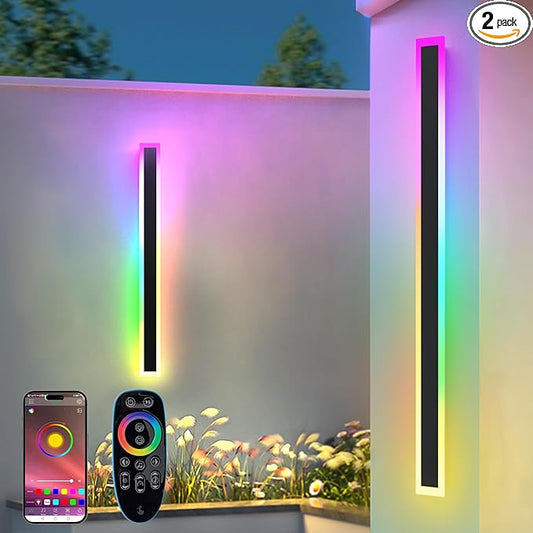 2 Pack Outdoor RGB Long Wall Lights, 70.8inch Wall Lights RGB/Warm/White Dimmable Modern Led Wall Lighting, Ip65 Waterproof Wall Sconce with Remote APP Control for Outdoor/Indoor Party Gathering