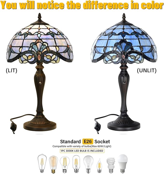 TL0015 Blue Baroque Tiffany Table Lamp Stained Glass Reading Desk Light 12 X 21.5 Inches for Bedroom Living Room, Handcrafted Artwork for Home Office, LED Bulb Included (Blue Baroque)