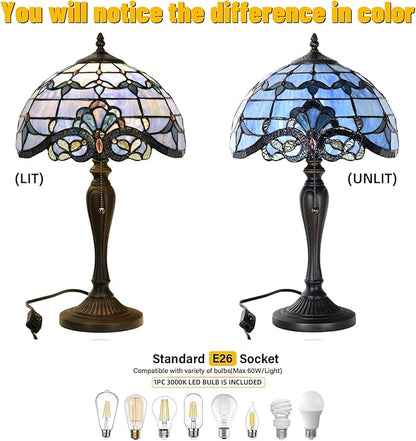 TL0015 Blue Baroque Tiffany Table Lamp Stained Glass Reading Desk Light 12 X 21.5 Inches for Bedroom Living Room, Handcrafted Artwork for Home Office, LED Bulb Included (Blue Baroque)