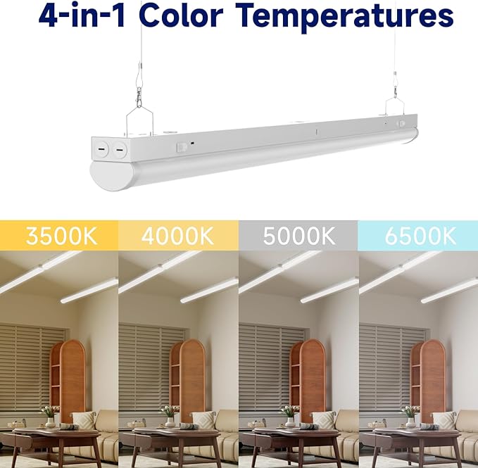 4FT LED Linear Strip Light, LED Shop Lights 40W/35W/30W Selectable,4 Color Selectable 3500K-6500K Adjustable,0-10V Dimmable Commercial Garage Office Ceiling Light Fixture, ETL DLC Listed (4 Pack)