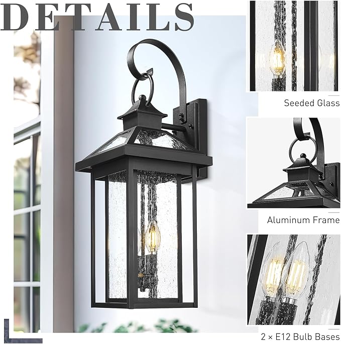 zeyu Medium Outside Wall Light Fixture, 25.2'' Industrial Porch Wall Light for Garage in Black Finish, Die-Cast Aluminum with Seeded Glass Shade, ZW114BM BK