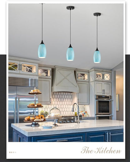 ANYLOVE Vintage Art Blue-Gold Pendant Lighting,3-Pack Hand Glass Hanging Light Fixture,Adjustable Cord for Kitchen,Hallway,Dining Room