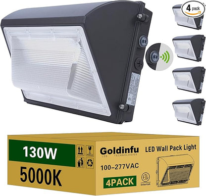 130W LED Wall Pack Light with Photocell 4Packs, 5000K 19500LM, Commercial Security Flood Lighting Outdoor LED Wall Lights Exterior Fixture for Parking Lot Yard Warehouse, DIM,100-277VAC,ETL Listed