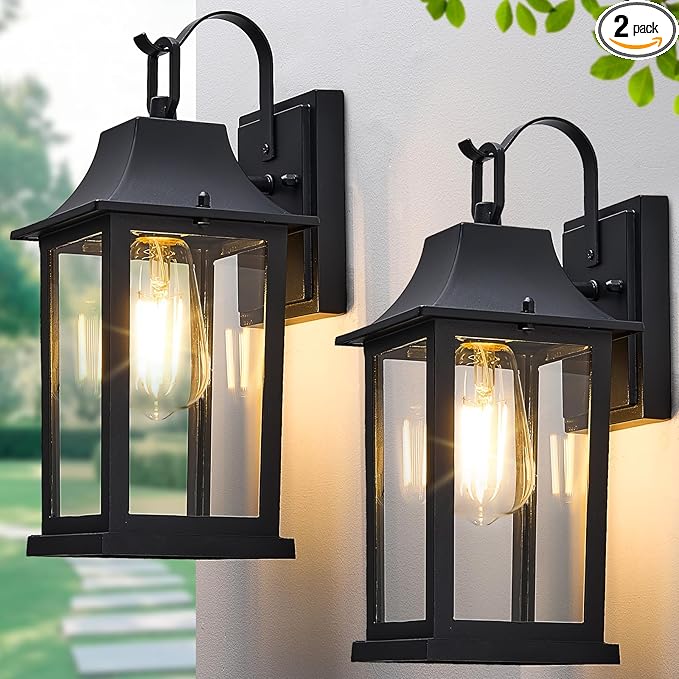2-Pack Outdoor Wall Light fixtures，Exterior Waterproof Wall Sconce Light Fixture，13 inch Porch Light Fixture with Clear Glass Shade，Matte Black Outdoor Wall Light，Anti-Rust Porch Lamp