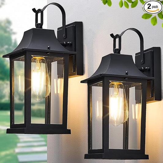 2-Pack Outdoor Wall Light fixtures，Exterior Waterproof Wall Sconce Light Fixture，13 inch Porch Light Fixture with Clear Glass Shade，Matte Black Outdoor Wall Light，Anti-Rust Porch Lamp