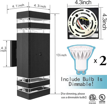 Motion Sensor Outdoor Wall Lights, Cold Light with PIR Body Sensor, Black Aluminum Up & Down Porch Sconce, GU10 LED Bulbs Included, ETL Listed, Dusk to Dawn Garage & Garden Lighting Fixture