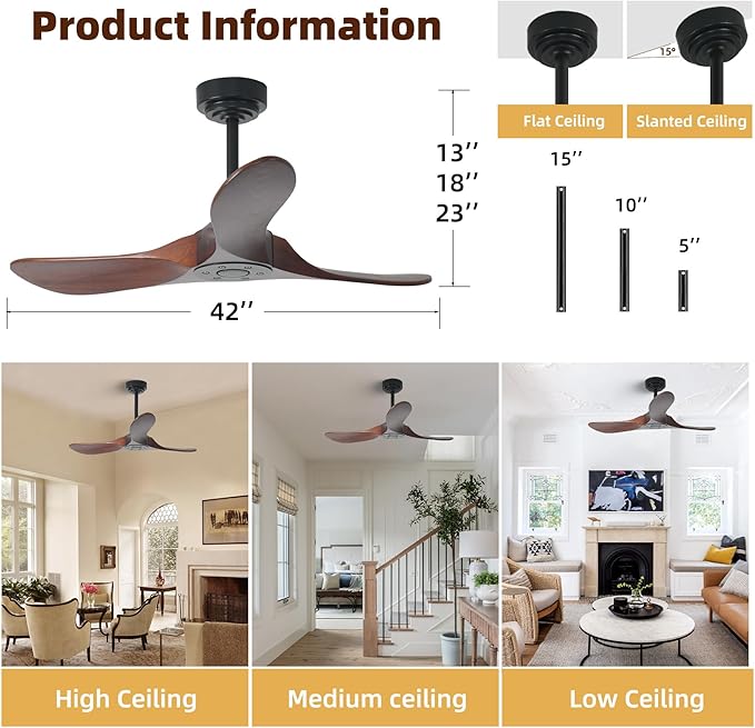 Outdoor Ceiling Fan Without Light, 42Inch Smart Ceiling Fan with Remote & Voice Control for Alexa/Google, 3-Blade Wood Fan, Quiet DC Motor, 6 Speeds for Patio, Porch, Farmhouse, Dark Walnut