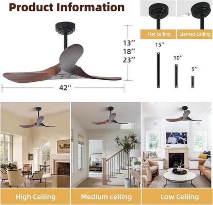 Outdoor Ceiling Fan Without Light, 42Inch Smart Ceiling Fan with Remote & Voice Control for Alexa/Google, 3-Blade Wood Fan, Quiet DC Motor, 6 Speeds for Patio, Porch, Farmhouse, Dark Walnut