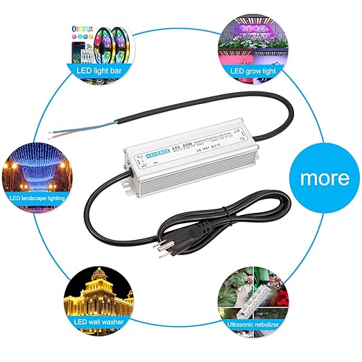 LED Driver 24V 60W Waterproof Switching Power Supply AC 90-240V to DC 24V 2.5A Low Voltage Transformer IP67 Converter Suitable for Indoor and Outdoor LED Strip Lights and Light Strings
