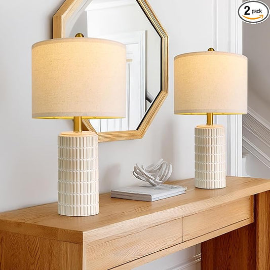 PoKat 20.75" Small Modern Ceramic Table Lamps Set of 2 for Bedroom, White Bedside Lamps for Night Stands, Farmhouse Desk Decor Gift Nightstand Table Lamps for Living Room End Table Beige