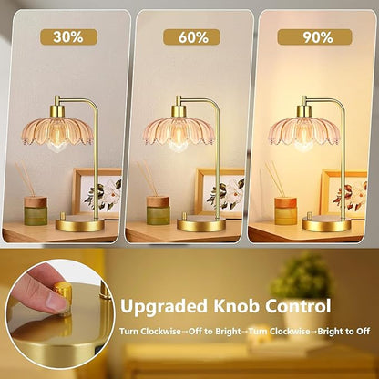 Glass Table Lamp Set of 2,Small Gold Bedside Lamps Dimmable Boho Bedroom Lamp with Tulip Flower Amber Lamp Shade,Vintage Mid Century Modern Mini Nightstand Lamp for Bedroom Living Room
