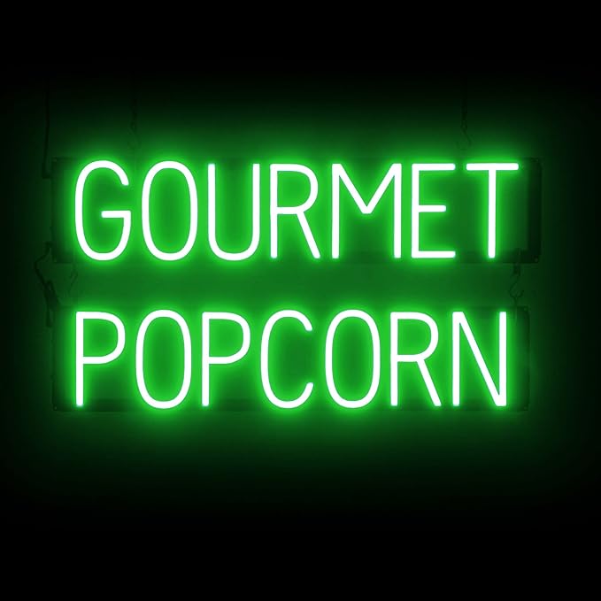 SpellBrite GOURMET POPCORN Sign | Treat-Related Sign with Neon Look, Green LED Light Source | 28.8" x 15.0"
