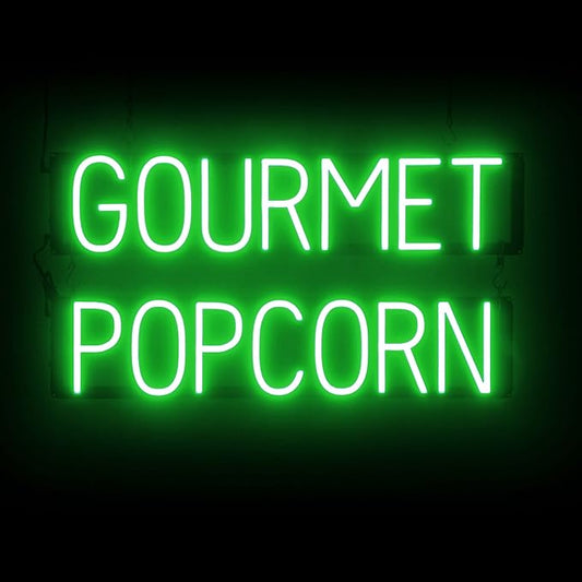 SpellBrite GOURMET POPCORN Sign | Treat-Related Sign with Neon Look, Green LED Light Source | 28.8" x 15.0"