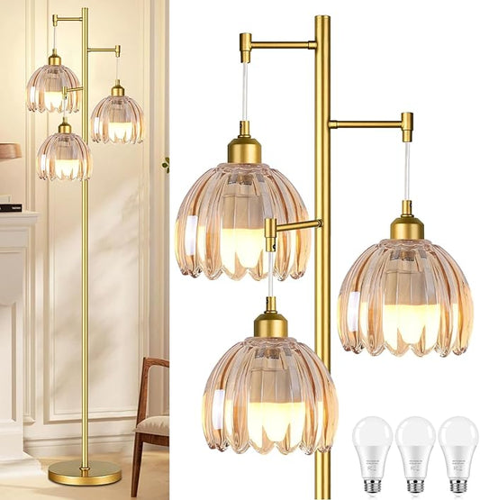 Gold Floor Lamp for Living Room,Bedroom,Tree 3 Light Standing Lamp Mid Century Modern Brass Tall Floor Lamps Vintage Retro Floor Lights Glass Flower Amber Lamp Shade Farmhouse Boho Bohemian