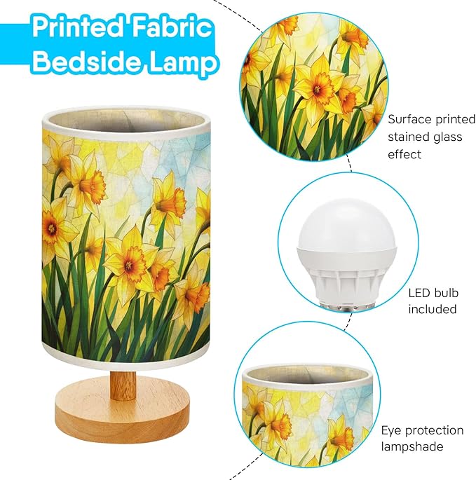 Daffodil Table Lamp LED 3-Color Pressed Bedside, Daffodil Shade Lamp with Wood Base for Bedroom Living Room Desk Office