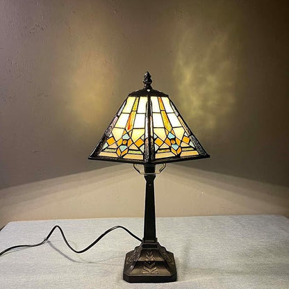 Bieye L10791 Mission Style Table Lamp Tiffany Stained Glass Night Light with Hexagonal Cone Lampshade, 10" W x 16" H