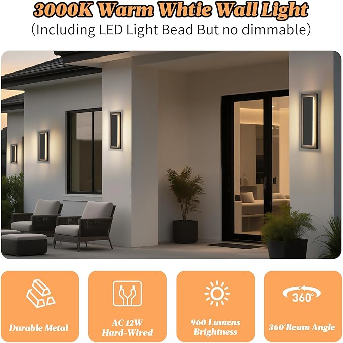 4 Packs Modern Exterior Lighting Fixtures, Black LED Outdoor Porch Wall Light, 16 in Long Outside Lights for House, Front Door, Patio, Waterproof Outdoor Sconce Lights, 3000K Warm White 12W