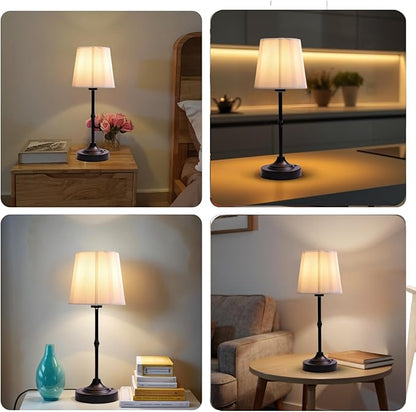 Rechargeable Cordless Table Lamp, Warm Desk Light, Wireless Touch Lamps with Stepless Dimmable Brightness & Fabric Shade for Nightstand Bedside Living Room (Black, Twill)