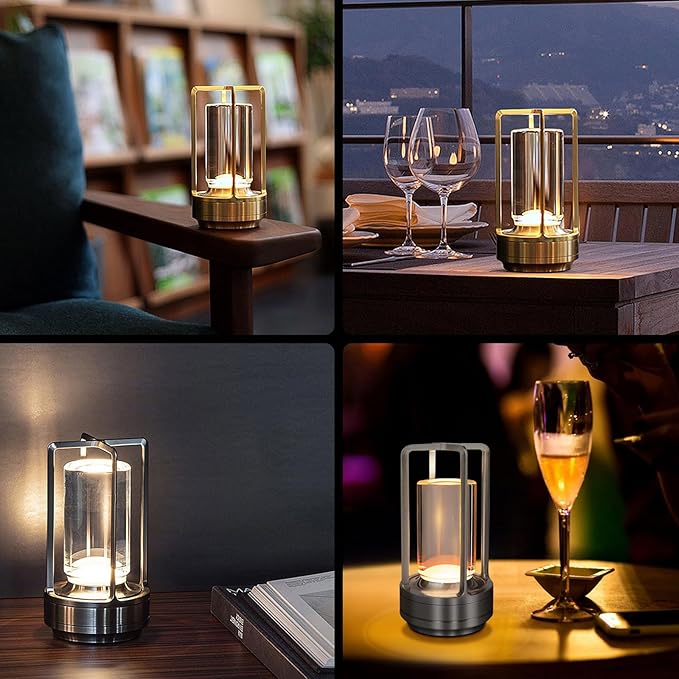 Cordless Table Lamp for Outdoor Indoor, Portable Rechargeable Battery Powered LED Crystal Lantern Lamp, 3 Color Touch Control Stepless Dimming, Small Desk Light for Restaurant Home (Silver)