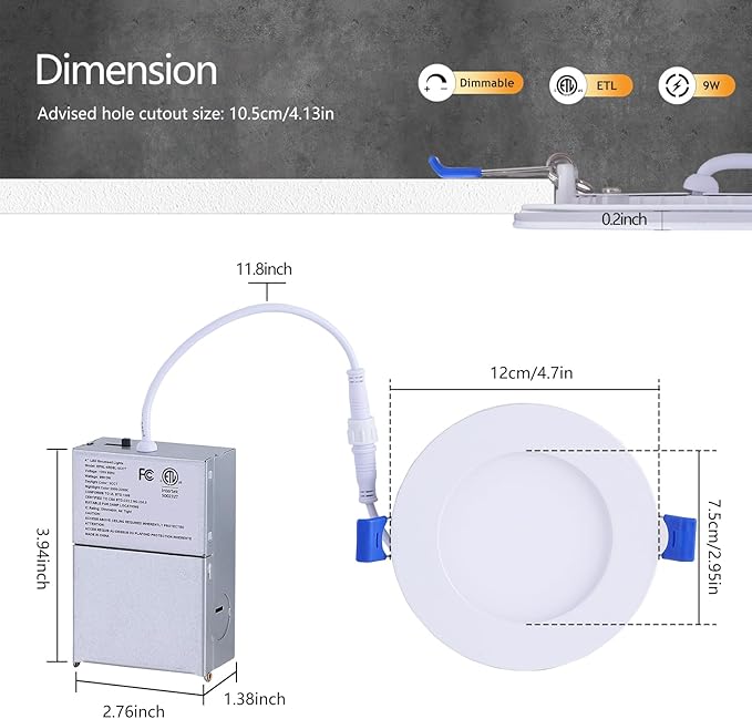 CycevSun Recessed Lighting 4 Inch with Night Light, Dimmable 5CCT Canless Ultra Thin Wafer Downlight Soffit with Junction Box, 9W, ETL & Energy Star, 6 Pack