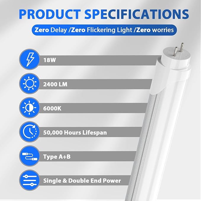 CNSUNWAY T8 LED Tube Lights 4Ft, 18W, 2400LM 6000K, Single/Double-End Power, Type A+B Plug & Play or Ballast Bypass, 4 Foot T10 T12 Fluorescent Bulbs Replacement for Warehouse, Frosted (10 Pack)