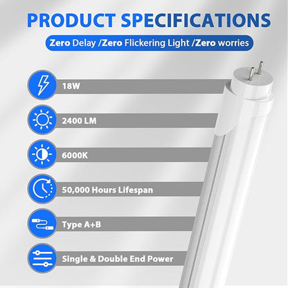 CNSUNWAY T8 LED Tube Lights 4Ft, 18W, 2400LM 6000K, Single/Double-End Power, Type A+B Plug & Play or Ballast Bypass, 4 Foot T10 T12 Fluorescent Bulbs Replacement for Warehouse, Frosted (10 Pack)
