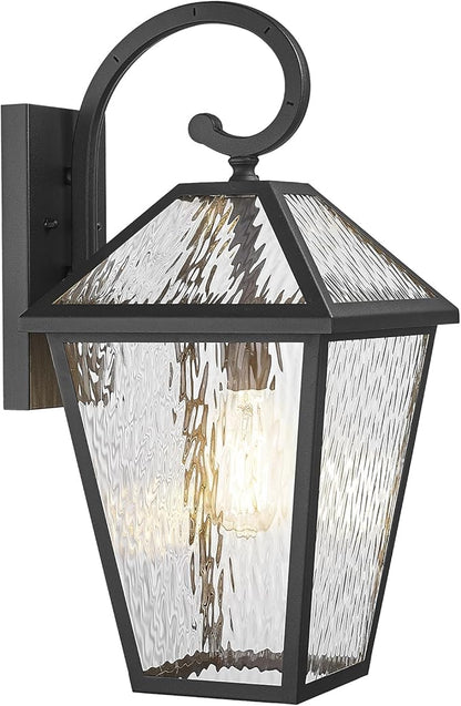 Outdoor Lights Fixtures Wall Mount, Outdoor Wall Lantern with Water Ripple Glass, Waterproof Outside Exterior Wall Sconce Lights Fixture for House, Front Porch, Patio, Medium, Matte Black