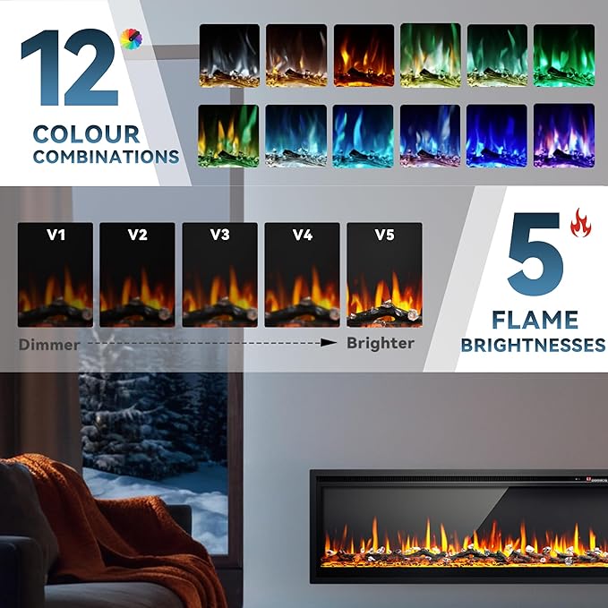 EUHOMY 50 Inch Electric Fireplace Recessed Wall Mounted Freestanding with Remote Control, Ultra-thin Fireplace Heater with Adjustable Flame Color, Linear Fireplace with Timer, Log & Crystal, 750/1500W
