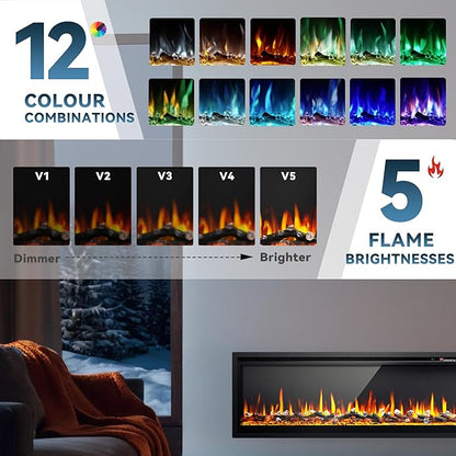 EUHOMY 50 Inch Electric Fireplace Recessed Wall Mounted Freestanding with Remote Control, Ultra-thin Fireplace Heater with Adjustable Flame Color, Linear Fireplace with Timer, Log & Crystal, 750/1500W