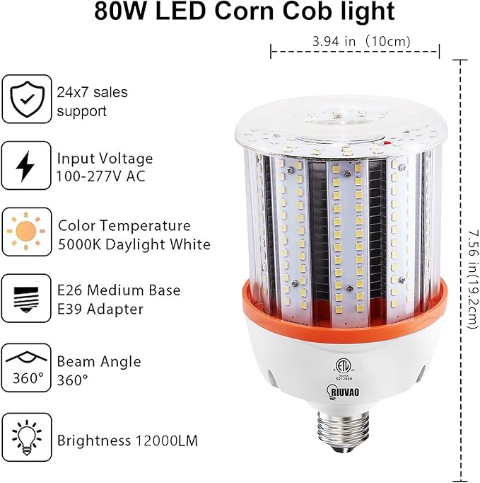80W Led Corn light bulbs , 12000 Lumen LED Corn Bulb 800W Equivalent 5000K Daylight White Lamp,E26/E39 Medium Mogul Base,2-Pack Large Area Lights For Outdoor Indoor Warehouse Garage High Bay Lighting